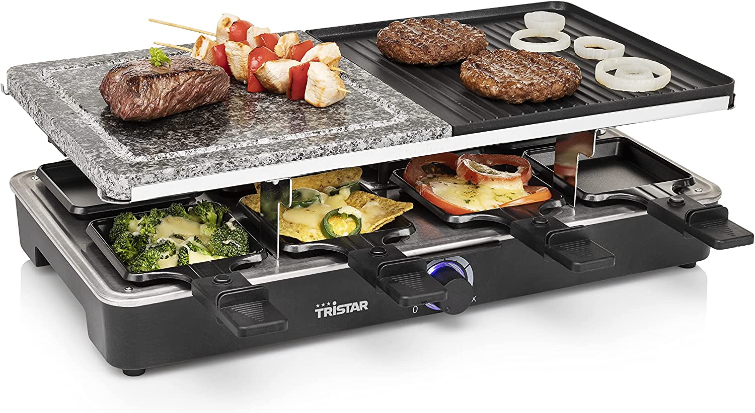 Raclette Grill e Pietra per 8 Persone 1400 W Alluminio pressofuso Nero
