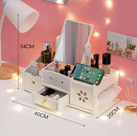 Elegante Organizer Cosmetici in Legno Bianco con Cassetto e Specchio – Scatola Porta Trucco da Tavolo per Skincare e Gioielli