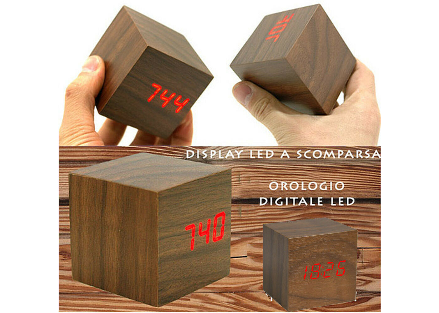 Sveglia orologio digitale led effetto legno con suono allarme temperatura cubo