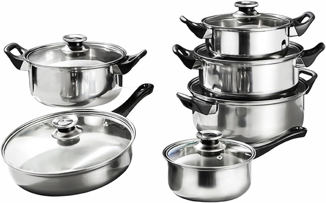 Set di Pentole 12 Pezzi in Acciaio Inox – Compatibili con Induzione – Coperchi con Valvola di Sicurezza – Design Professionale