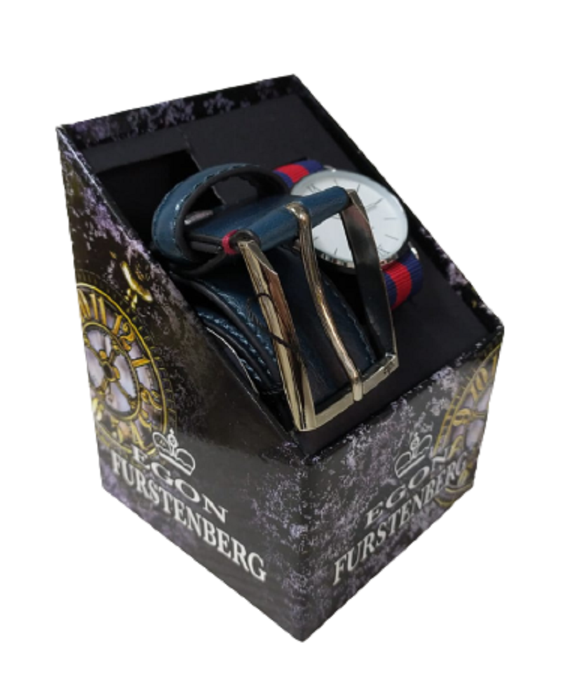Set uomo box regalo 874-35 furstenberg Cintura Uomo Blu Cinta 125 cm Fodera in Pelle con Orologio Stoffa Blu e Rossa