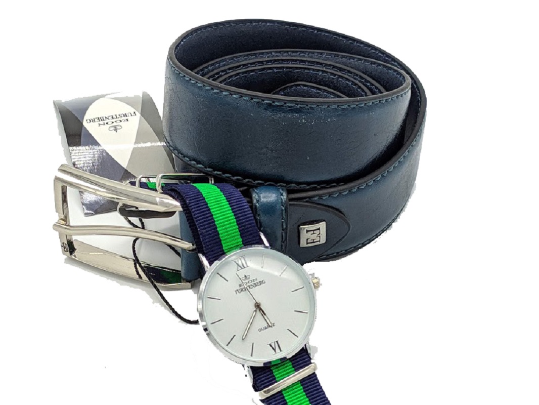 Set uomo box regalo 874-35 furstenberg Cintura Uomo Blu Cinta 125 cm Fodera in Pelle con Orologio Stoffa Verde e Blu