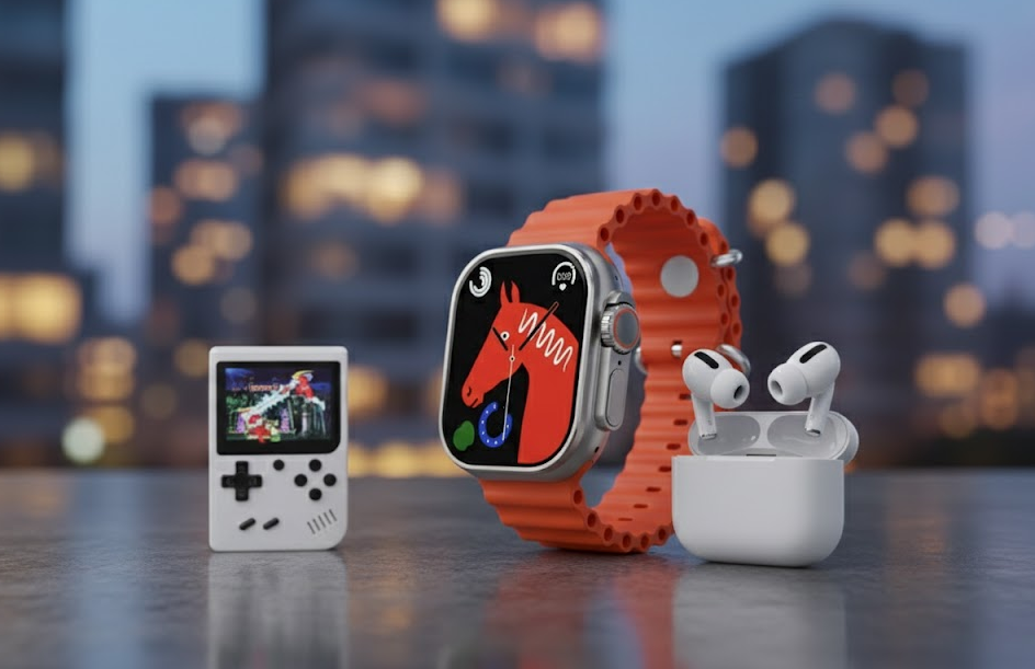 Bundle 3 in 1: Smartwatch M5 Ultra + Auricolari Wireless TWS + Mini Console di Gioco Portatile